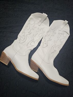 White Western Knee-High Leather Boots